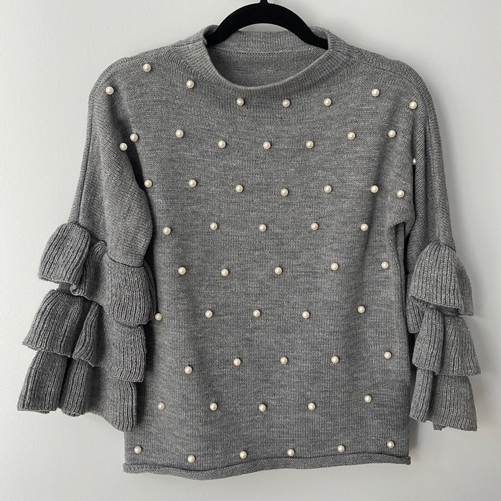 Grey Ruffle Sleeve Pearl detail Sweater